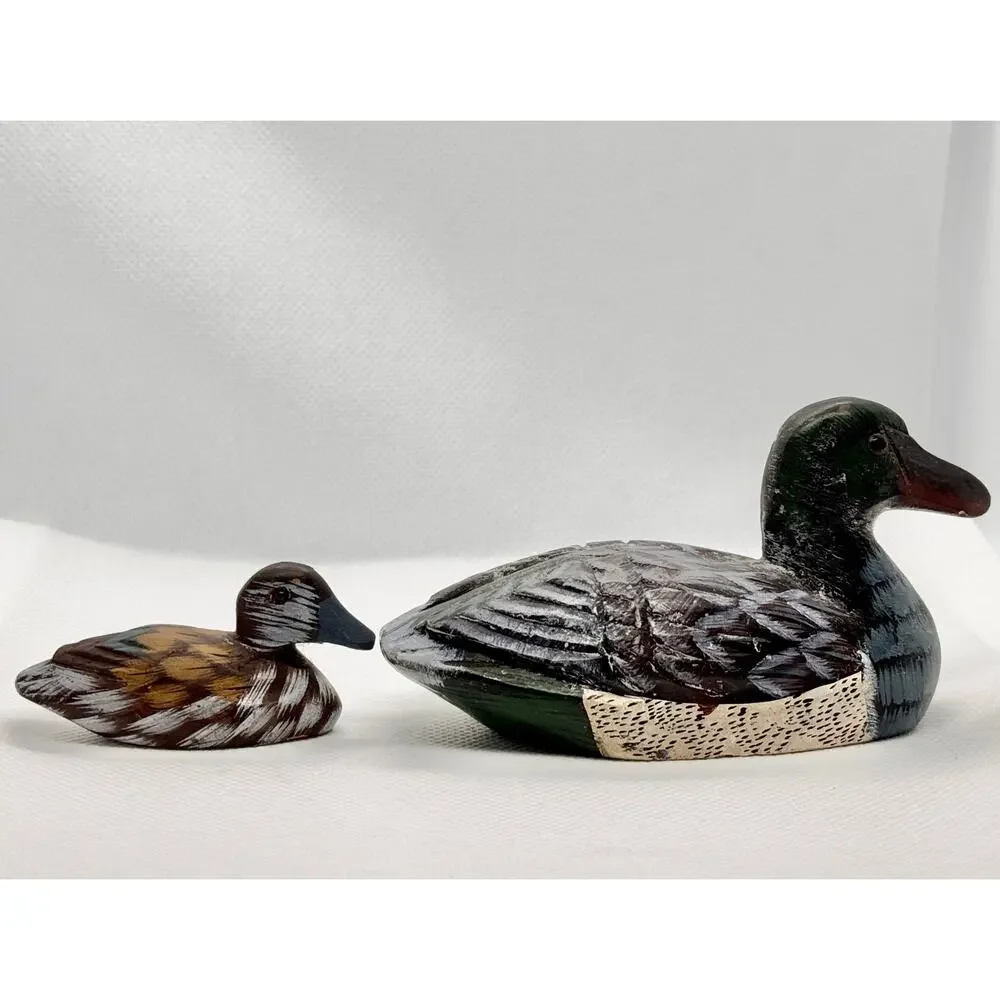 Vintage Carved Duck Pair Figurines – Stone Paperweight Duck and Wooden Mini Duck